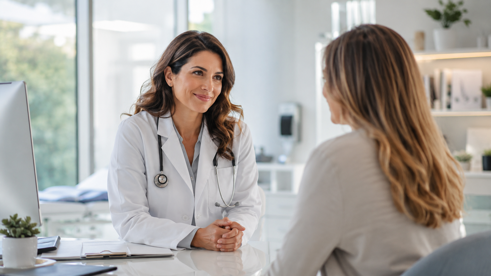 Consulta médica em clínica moderna representando seguro saúde.