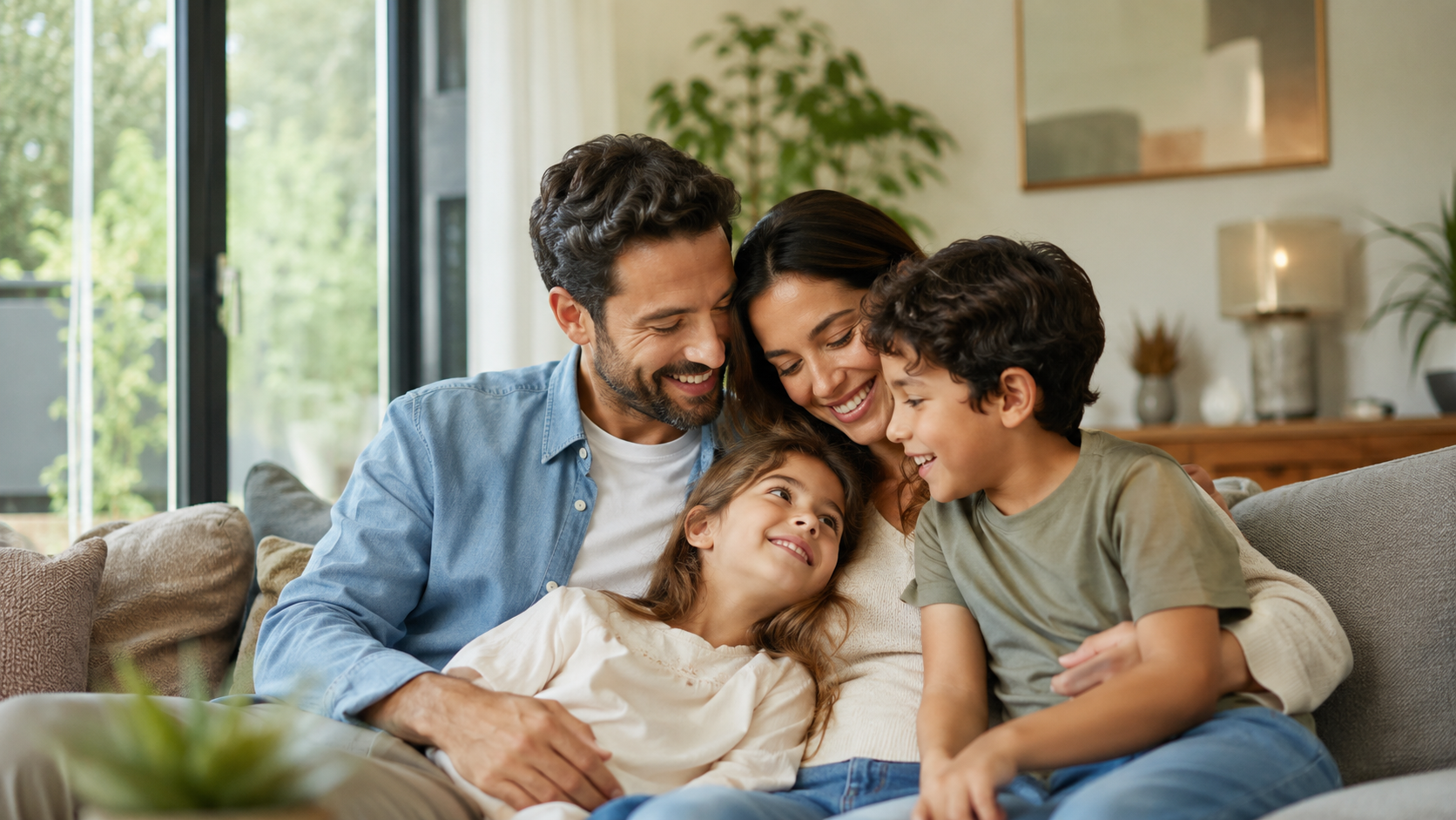 Família reunida em casa representando seguro de vida.